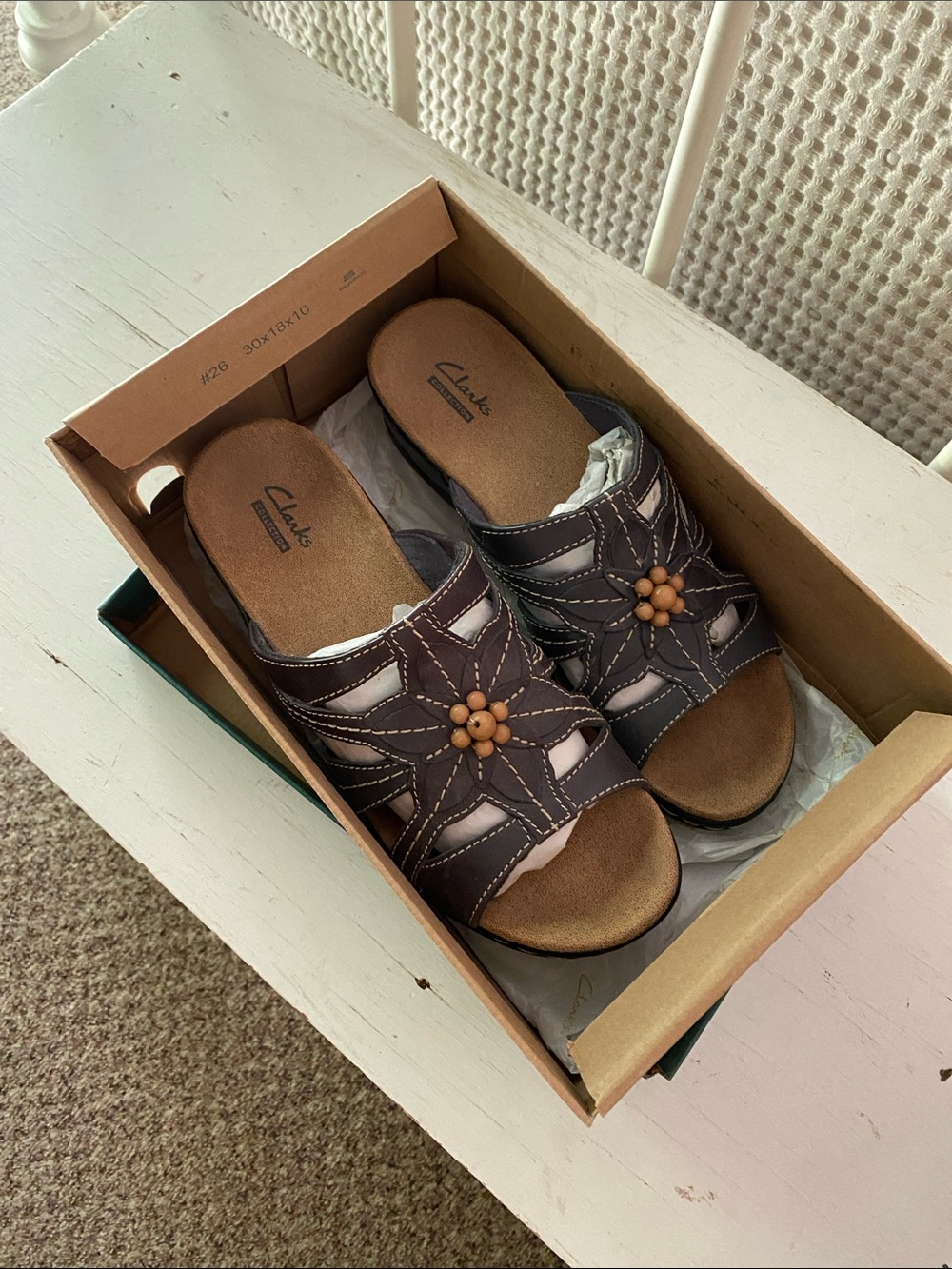 Clarks Women’s Dark Brown Floral Leather Slide Mules